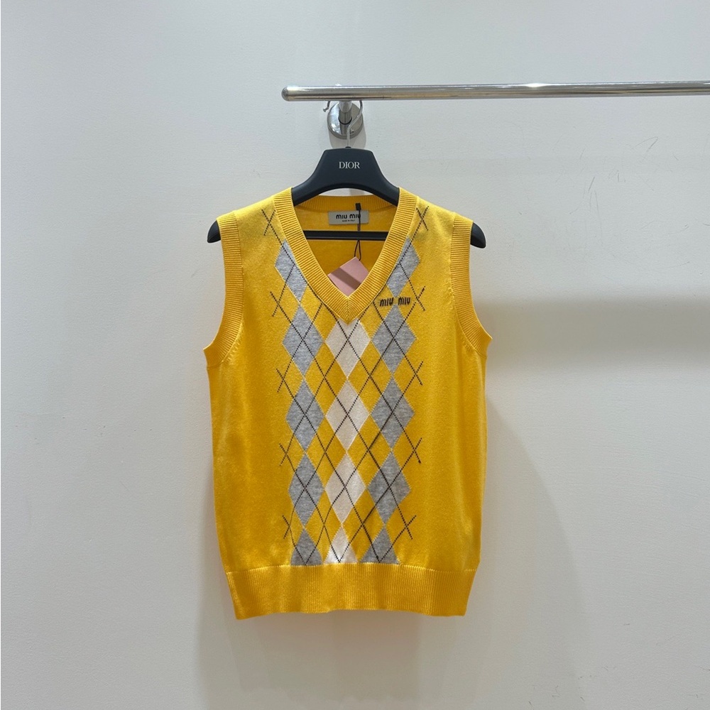 Miu Miu Yellow Argyle V-Neck Sweater